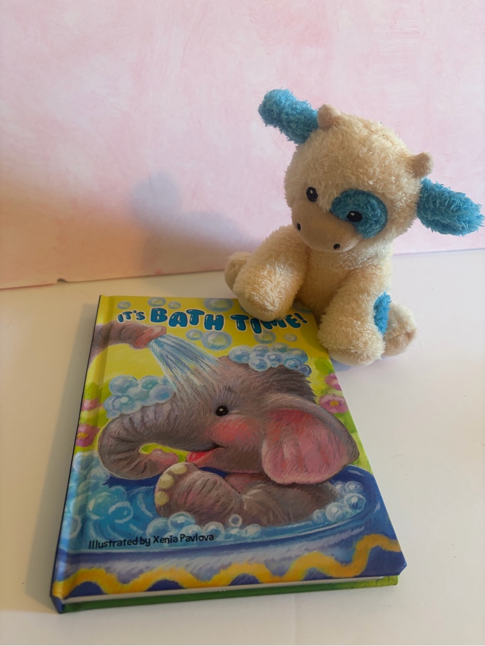 Bath time baby book + cow rattle plush like new